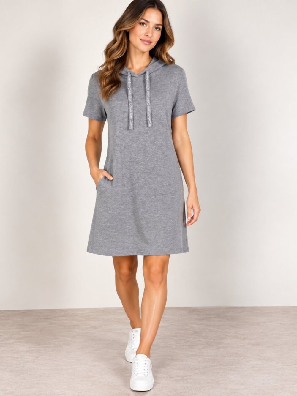 Calvin Klein Women’s M Gray Short Sleeve Hooded Sweater Dress Logo Drawstrings